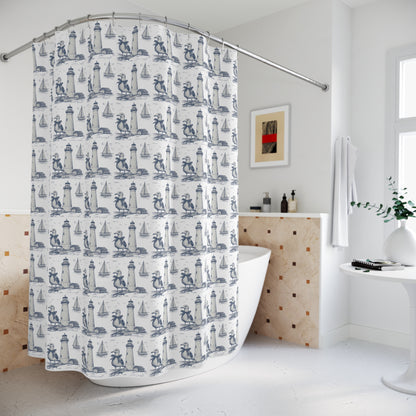 Summer Seagull & Lighthouse Sketched Line Art Shower Curtain