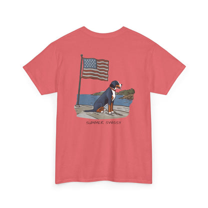 Double Sided Version w/ text "Summer Swissy" Version of our 2025 New Summer Swissy Unisex Tshirt, Greater Swiss Mountain Dog Patriotic Flag Shirt, Cartoon Swissy Character