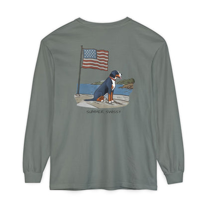 2025 New Summer Swissy Unisex *Long Sleeve* With Text "Summer Swissy" Comfort Colors Brand Shirt, Greater Swiss Mountain Dog Flag Shirt, Cartoon Swissy Character