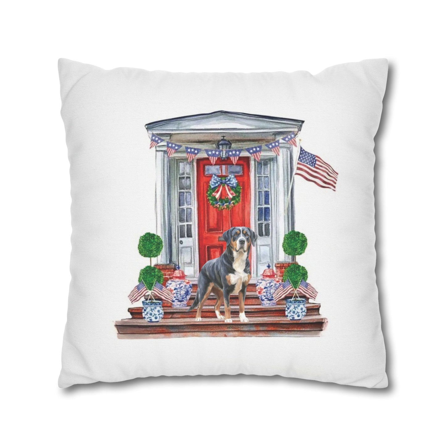 Summer Swissy in the USA, Greater Swiss Mountain Dog Pillow Cover, Hand Drawn, Double-Sided Graphics, Swissy, GSMD