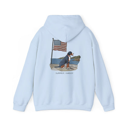Double Graphic, "Summer Swissy" version of our 2025 New Summer Swissy Unisex Hooded Sweatshirt, Swissy Summer Hoodie, Greater Swiss Mountain Dog, Cartoon Swissy Character