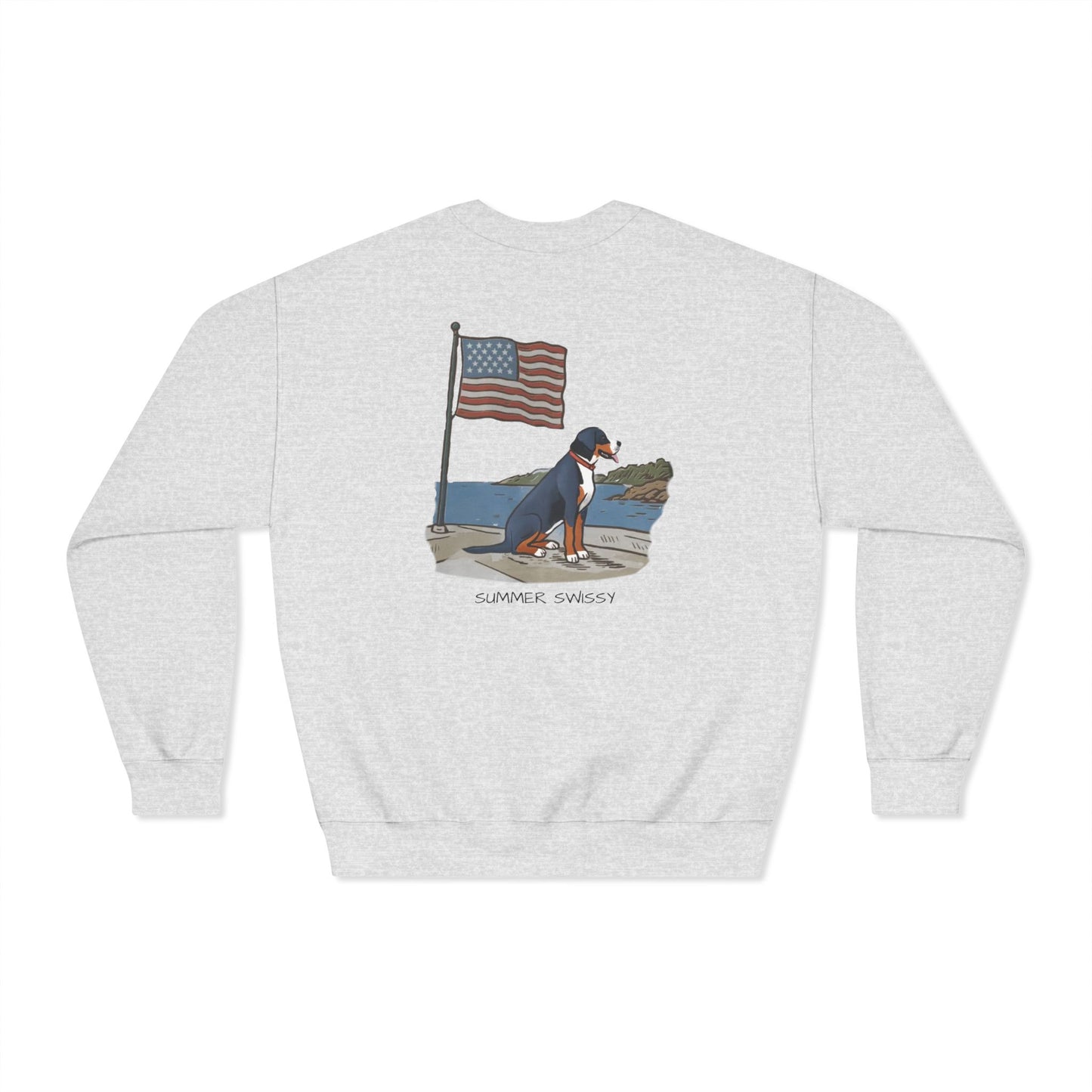 Double Sided "Summer Swissy" version of our 2025 New Summer Swissy Unisex Crewneck Sweatshirt, Greater Swiss Mountain Dog Patriotic Flag Shirt, Cartoon Swissy Character