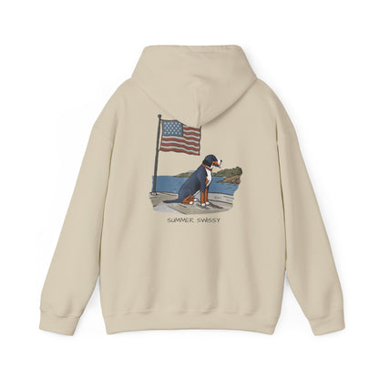 Double Graphic, "Summer Swissy" version of our 2025 New Summer Swissy Unisex Hooded Sweatshirt, Swissy Summer Hoodie, Greater Swiss Mountain Dog, Cartoon Swissy Character