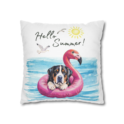 Hello Summer Swissy Pillow Cover, Greater Swiss Mountain Dog Pillow Cover, Hand Drawn, Double-Sided Graphics, Swissy, GSMD