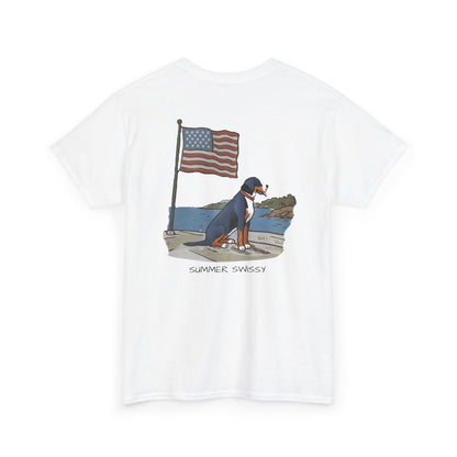 Double Sided Version w/ text "Summer Swissy" Version of our 2025 New Summer Swissy Unisex Tshirt, Greater Swiss Mountain Dog Patriotic Flag Shirt, Cartoon Swissy Character