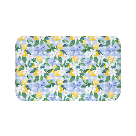 Summer Lemon and Blue Ribbon Coquette Bath or Kitchen Mat, Inspired Bath, Guest Bath Decor, Cottage, Kitchen mat, Anti fatigue Mat