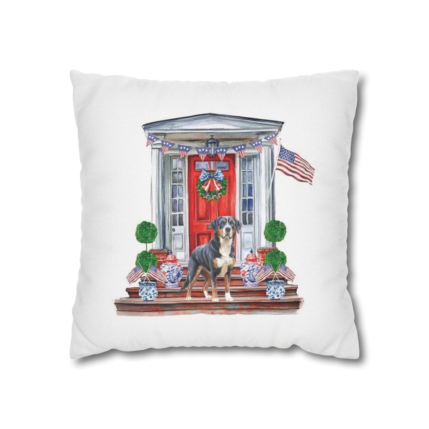 Summer Swissy in the USA, Greater Swiss Mountain Dog Pillow Cover, Hand Drawn, Double-Sided Graphics, Swissy, GSMD