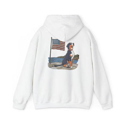 Double Graphic version of our 2025 New Summer Swissy Unisex Hooded Sweatshirt, Swissy Summer Hoodie, Greater Swiss Mountain Dog, Cartoon Swissy Character