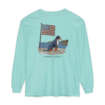 2025 New Summer Swissy Unisex *Long Sleeve* With Text "Summer Swissy" Comfort Colors Brand Shirt, Greater Swiss Mountain Dog Flag Shirt, Cartoon Swissy Character
