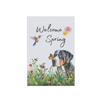 Greater Swiss Mountain Dog Garden Flag, Welcome Spring Floral Swissy Garden Flag, Watercolor Dog Flag, Double Sided