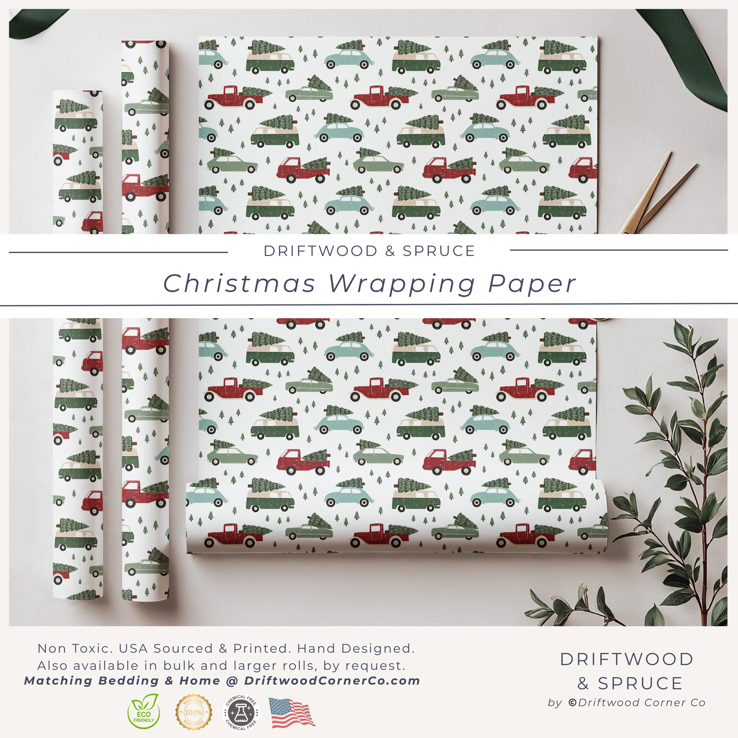 Christmas Evergreen Distressed Retro Cars