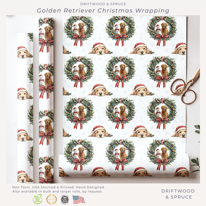 Golden Retriever Christmas Wrapping Paper, Retriever Dogs Christmas Gift Wrap, Holiday Present Packaging, Traditional Christmas