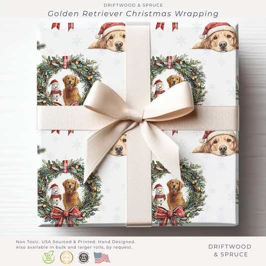 Golden Retriever Christmas Wrapping Paper, Retriever Dogs Christmas Gift Wrap, Holiday Present Packaging, Traditional Christmas