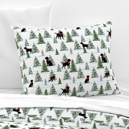 Snowy Black Dogs Christmas Sham Pillow Cover, Premium Italian Cotton Sateen Bedding, Labrador Retriever Christmas, Christmas Dogs