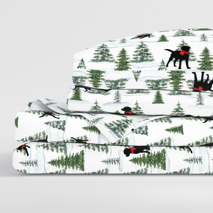 Snowy Black Dogs Christmas Sheet Set ,Premium Italian Cotton Sateen, Christmas Dogs Bedding