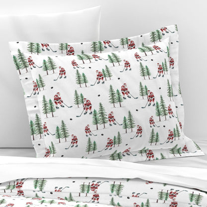 Hockey Santa Pillow Sham, Christmas Bedding, Festive Holiday Home Decor, Christmas Gift for Hockey Fan, Winter Pillow Cover