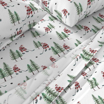 Hockey Santa Sheet Set | Premium Italian Cotton Sateen Christmas Bedding | Luxury Holiday Sheets | Festive Sports Fan Gift