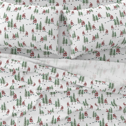 Hockey Santa Sheet Set | Premium Italian Cotton Sateen Christmas Bedding | Luxury Holiday Sheets | Festive Sports Fan Gift