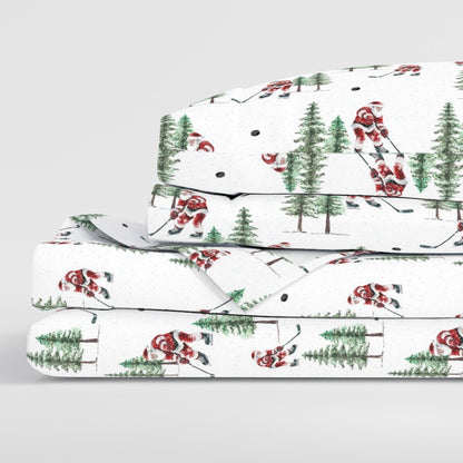 Hockey Santa Sheet Set | Premium Italian Cotton Sateen Christmas Bedding | Luxury Holiday Sheets | Festive Sports Fan Gift
