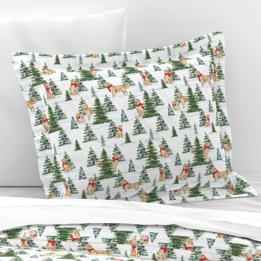 Snowy Golden Retriever Christmas Sham Pillow Cover, Christmas Dogs Pillowcase, Holiday Bedding, Golden Retriever, Christmas Dogs