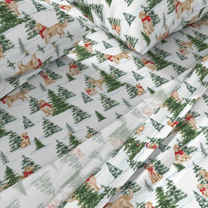 Snowy Golden Retriever Sheet Set | Italian Cotton Sateen Christmas Bedding | Luxury Holiday Sheets |