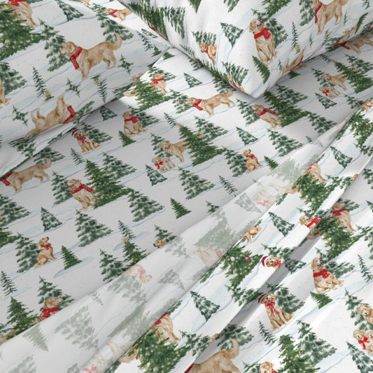 Snowy Golden Retriever Sheet Set | Italian Cotton Sateen Christmas Bedding | Luxury Holiday Sheets |