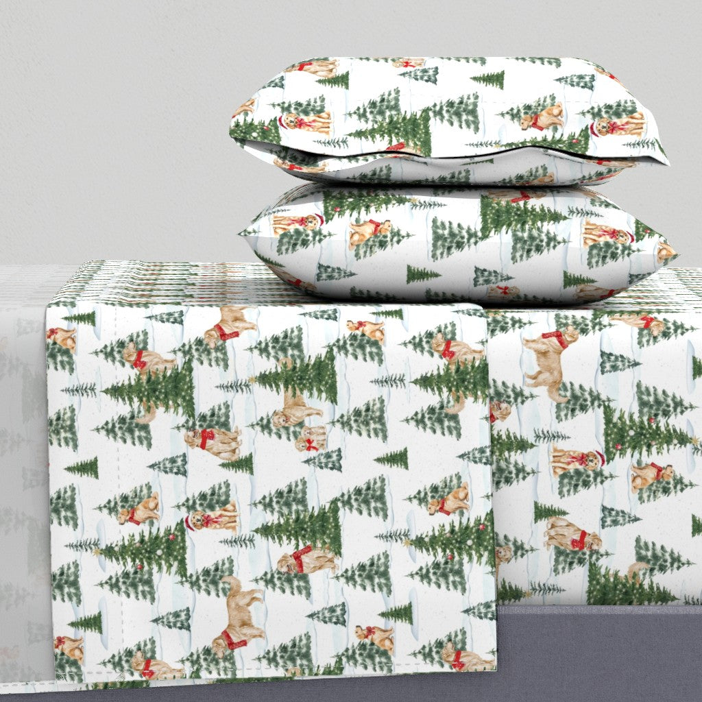 Snowy Golden Retriever Sheet Set | Italian Cotton Sateen Christmas Bedding | Luxury Holiday Sheets |