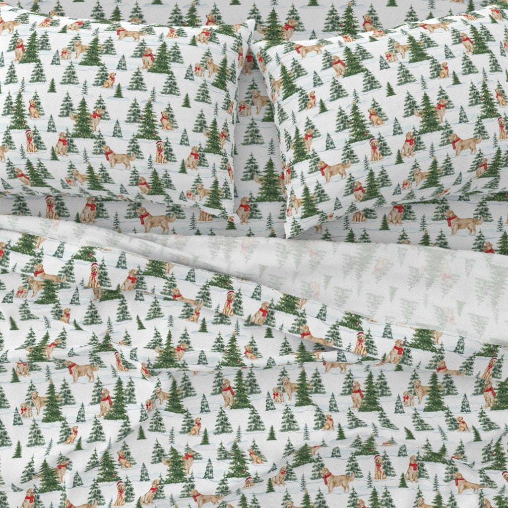 Snowy Golden Retriever Sheet Set | Italian Cotton Sateen Christmas Bedding | Luxury Holiday Sheets |