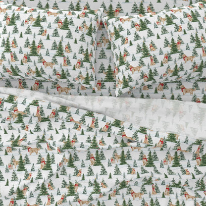 Snowy Golden Retriever Sheet Set | Italian Cotton Sateen Christmas Bedding | Luxury Holiday Sheets |