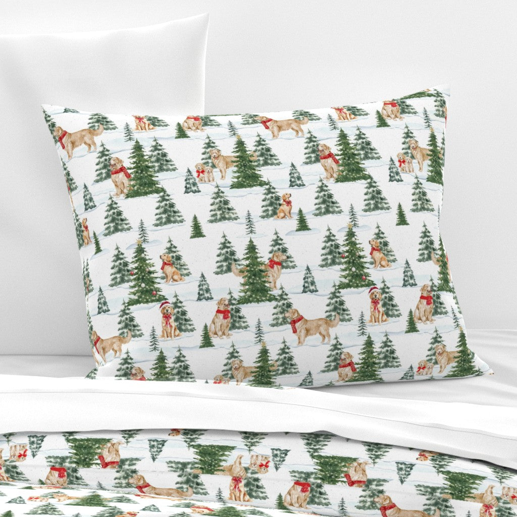 Snowy Golden Retriever Christmas Sham Pillow Cover, Christmas Dogs Pillowcase, Holiday Bedding, Golden Retriever, Christmas Dogs