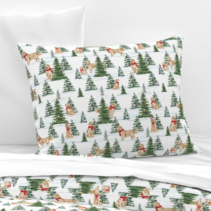 Snowy Golden Retriever Christmas Sham Pillow Cover, Christmas Dogs Pillowcase, Holiday Bedding, Golden Retriever, Christmas Dogs