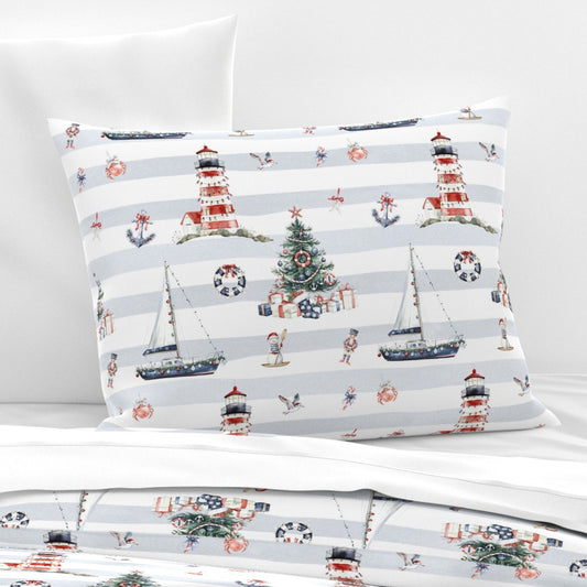 Newport Nautical Christmas Sham Pillow Cover, Christmas PIllowcase, Holiday Bedding, Sailing Christmas, Christmas Lighthouse, Marina