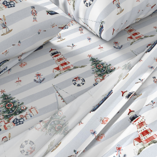 Newport Nautical Christmas Sheet Set | Italian Cotton Sateen Christmas Bedding | Luxury Holiday Sheets | (Copy) (Copy)