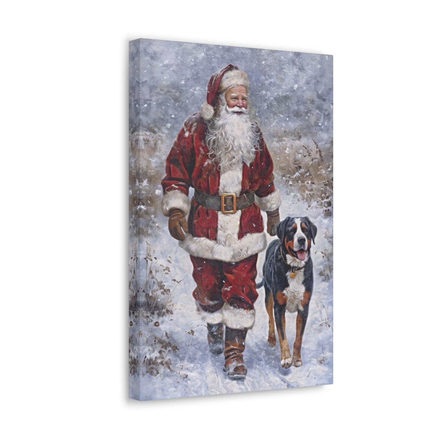 (No Frame) Santa & Swissy Winter Walk Wrapped Canvas