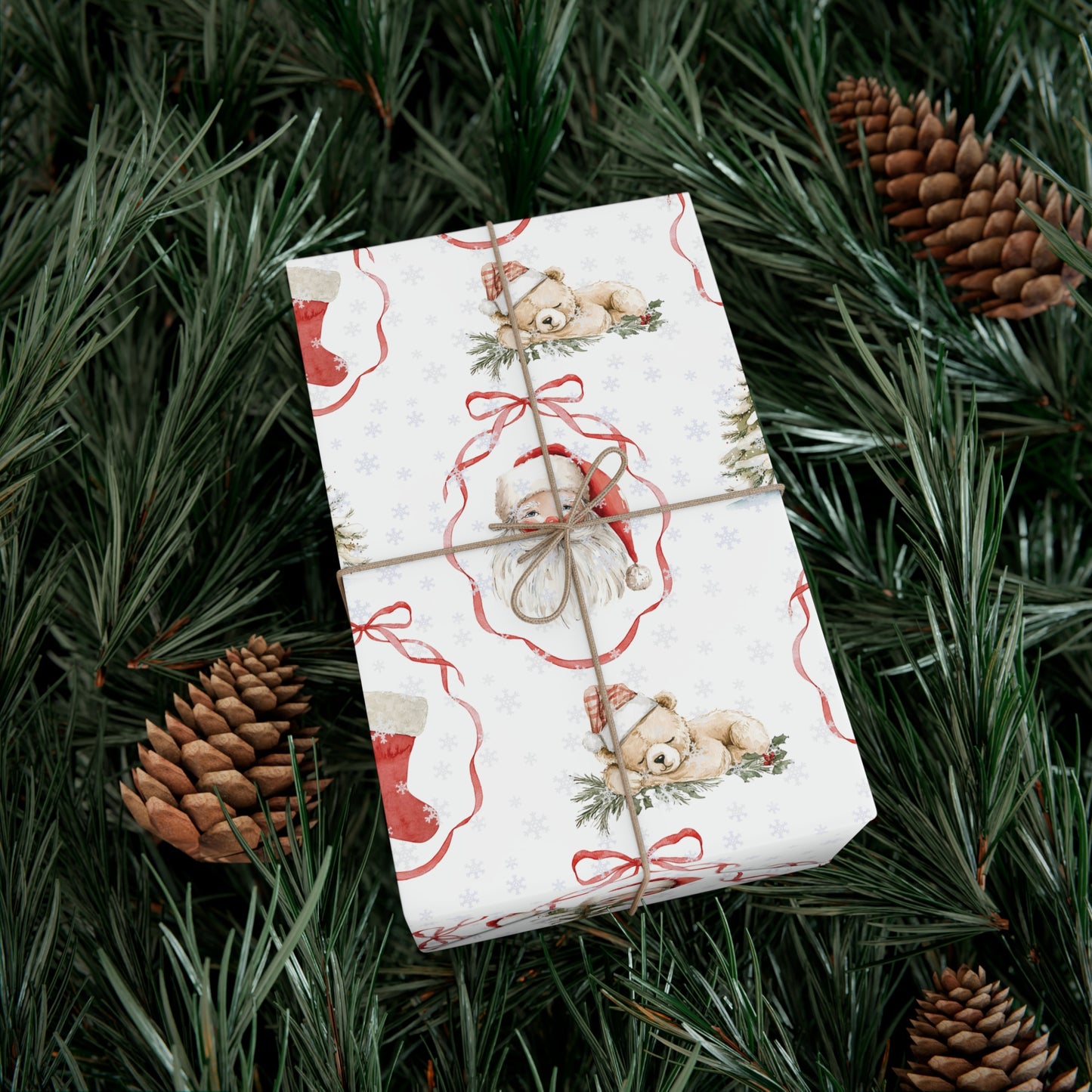 Christmas Watercolor Wrapping Paper, Watercolor Teddy Bears & Santa Christmas Gift Wrap, Holiday Present Packaging, Traditional Christmas