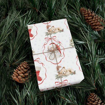 Christmas Watercolor Wrapping Paper, Watercolor Teddy Bears & Santa Christmas Gift Wrap, Holiday Present Packaging, Traditional Christmas