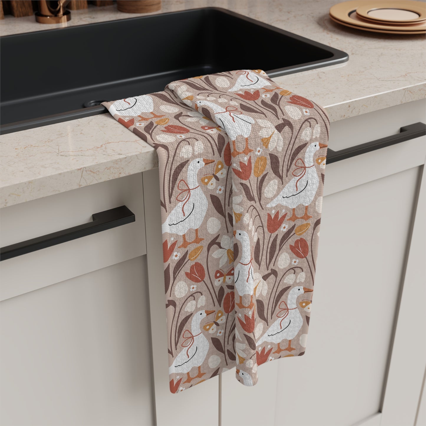 Autumn Geese Microfiber Tea Towel - Fall Wildflower Botanical Dish Cloth