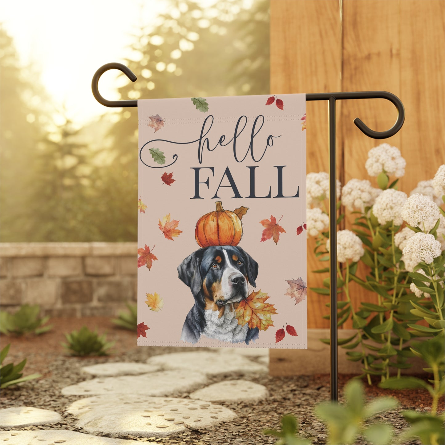 Hello Fall Greater Swiss Mountain Dog Garden Flag