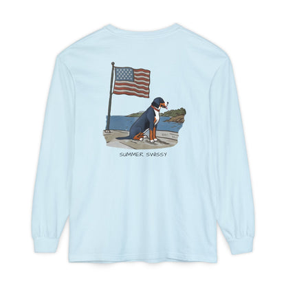 2025 New Summer Swissy Unisex *Long Sleeve* With Text "Summer Swissy" Comfort Colors Brand Shirt, Greater Swiss Mountain Dog Flag Shirt, Cartoon Swissy Character