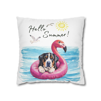 Hello Summer Swissy Pillow Cover, Greater Swiss Mountain Dog Pillow Cover, Hand Drawn, Double-Sided Graphics, Swissy, GSMD