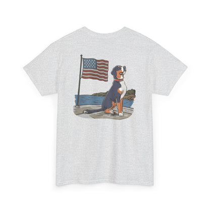 Double Sided Version of our 2025 New Summer Swissy Unisex Tshirt, Greater Swiss Mountain Dog Patriotic Flag Shirt, Cartoon Swissy Character