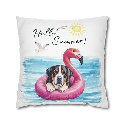 Hello Summer Swissy Pillow Cover, Greater Swiss Mountain Dog Pillow Cover, Hand Drawn, Double-Sided Graphics, Swissy, GSMD