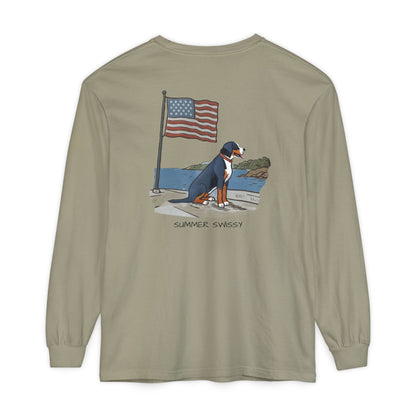 2025 New Summer Swissy Unisex *Long Sleeve* With Text "Summer Swissy" Comfort Colors Brand Shirt, Greater Swiss Mountain Dog Flag Shirt, Cartoon Swissy Character
