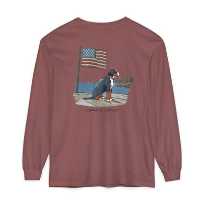 2025 New Summer Swissy Unisex *Long Sleeve* With Text "Summer Swissy" Comfort Colors Brand Shirt, Greater Swiss Mountain Dog Flag Shirt, Cartoon Swissy Character