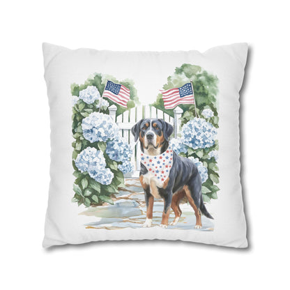 Patriotic Summer Greater Swiss Mountain Dog Pillow Cover, Hand Drawn, Double-Sided Graphics, Swissy, GSMD
