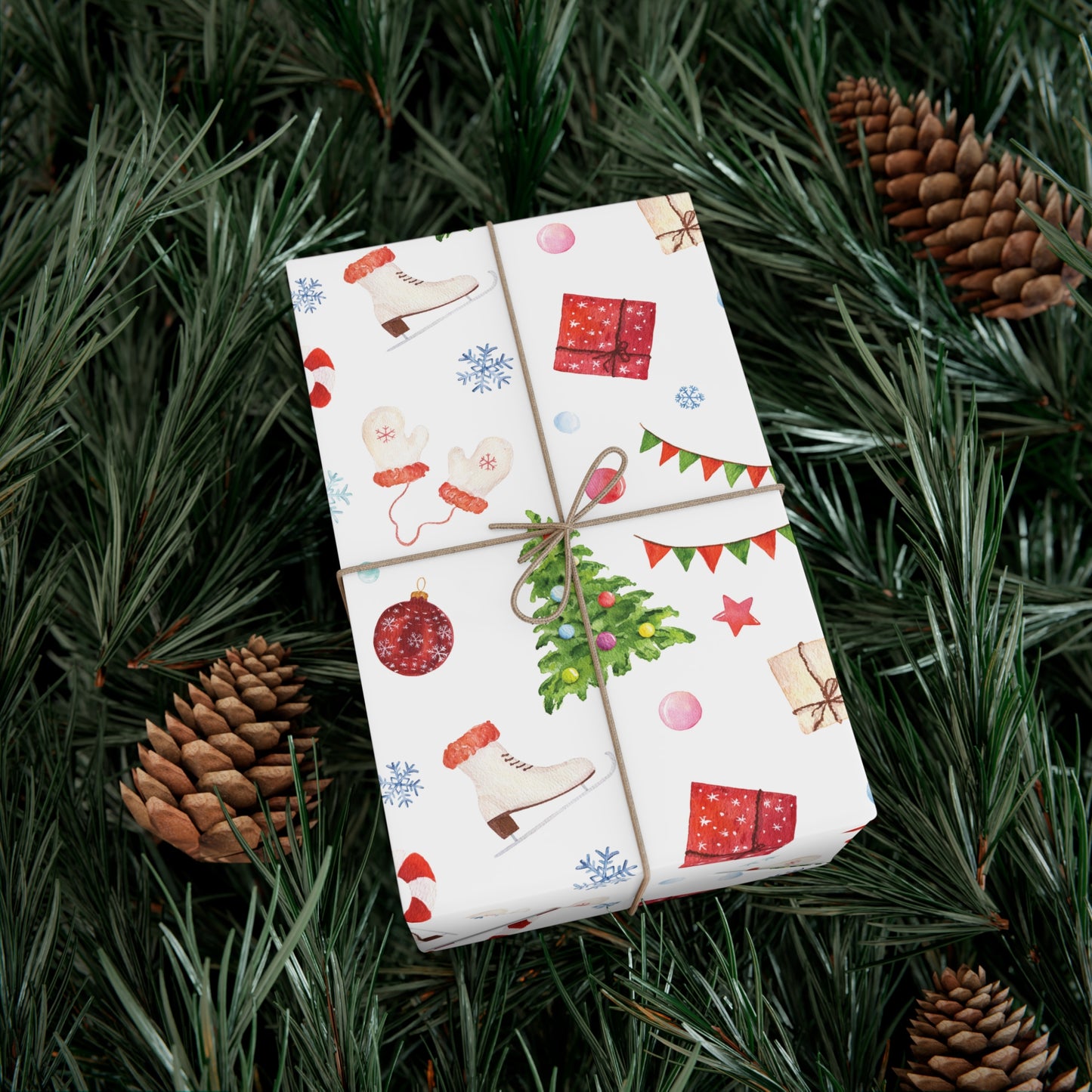 Mittens & Ice Skates Christmas Wrapping Paper, Woodland Christmas Wrapping Paper, Holiday Gift Wrap