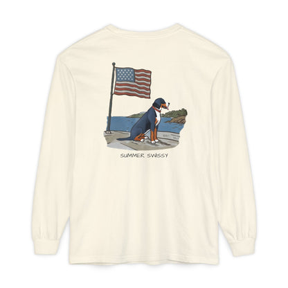 2025 New Summer Swissy Unisex *Long Sleeve* With Text "Summer Swissy" Comfort Colors Brand Shirt, Greater Swiss Mountain Dog Flag Shirt, Cartoon Swissy Character