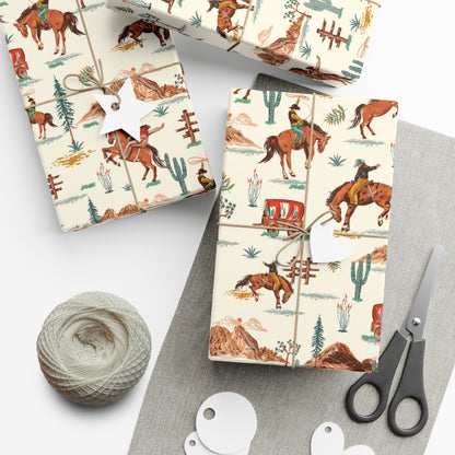 Wild West Cowgirl Cowboy Wrapping Paper, Desert Cactus Gift Wrap Roll, Birthday Gift Wrap
