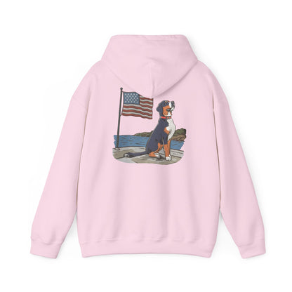 Double Graphic version of our 2025 New Summer Swissy Unisex Hooded Sweatshirt, Swissy Summer Hoodie, Greater Swiss Mountain Dog, Cartoon Swissy Character
