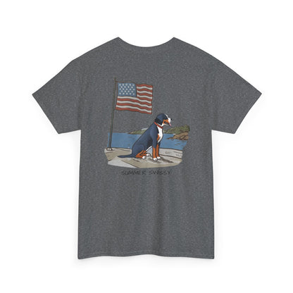 Double Sided Version w/ text "Summer Swissy" Version of our 2025 New Summer Swissy Unisex Tshirt, Greater Swiss Mountain Dog Patriotic Flag Shirt, Cartoon Swissy Character